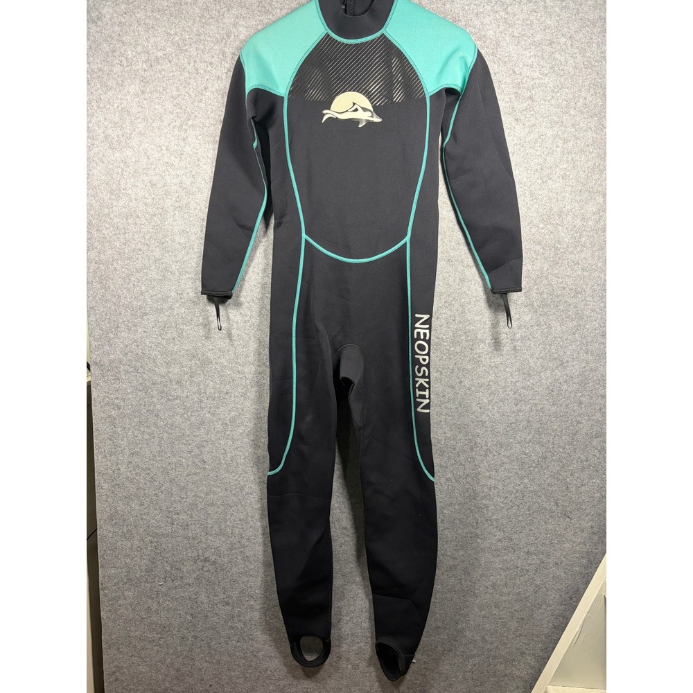 Neopskin Womens Full Body Wetsuit Black Teal Long Sleeve Back Zip Size M